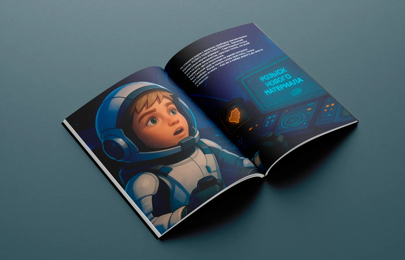 Разворот персональной книги: мальчик-космонавт в скафандре смотрит на панель управления с надписью «Розыск нового материала»